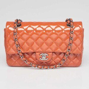 Chanel Orange Quilted Patent Leather Classic Medium Double Flap Bag